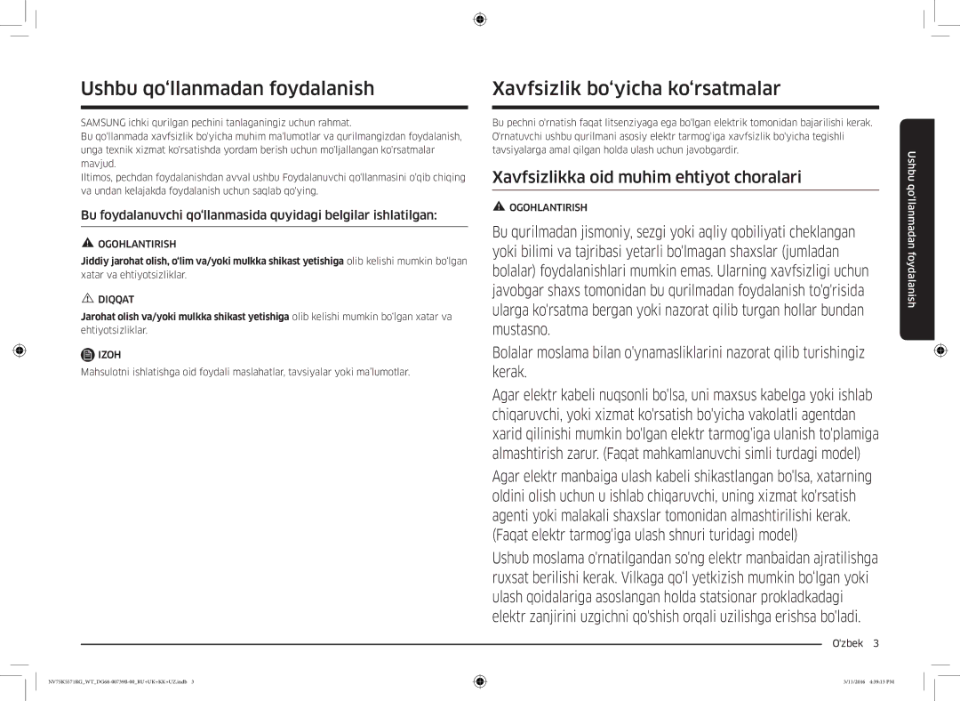 Samsung NV75K5571RG/WT manual Bu foydalanuvchi qo‘llanmasida quyidagi belgilar ishlatilgan, Ozbek  